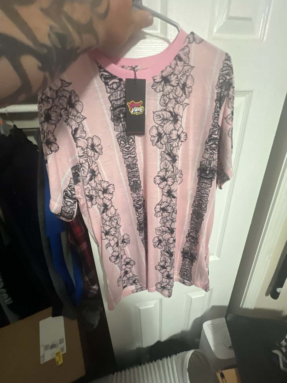 Good Vibes Pink Tiki and Floral Print Short Sleeve T-Shirt